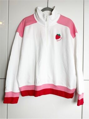 🍓Kate Spade Quarter Zip Strawberry Sweatshirt🍓Sz Large White Pink Red Valentine